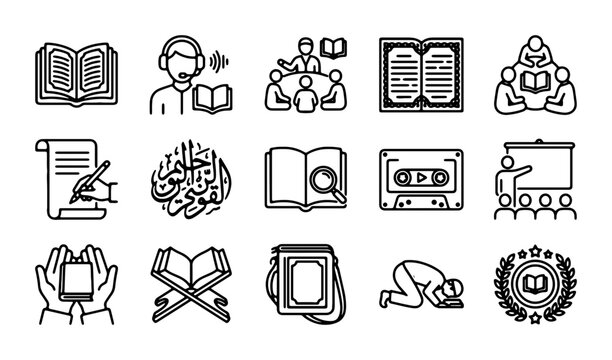 Islamic Education Icons Set: Quran, Learning, Prayer, Knowledge, Arabic Calligraphy, Vector Graphics