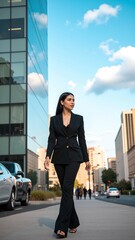 Obraz premium Confident Hispanic Female Executive Walking Outside Modern Glass Office