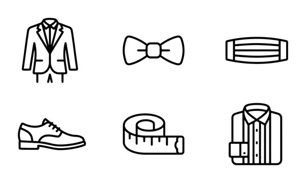 Formal Menswear Icons Set: Suit Jacket, Bow Tie, Cummerbund, Dress Shoe, Measuring Tape, Shirt