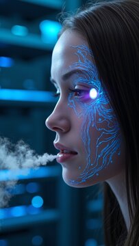 Cybernetic Head with Glowing Circuits