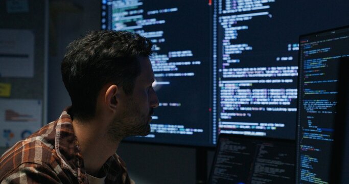 Focused Programmers: Mastering Network & Data Systems.Late-night developers coding advanced digital solutions with a focus on security.