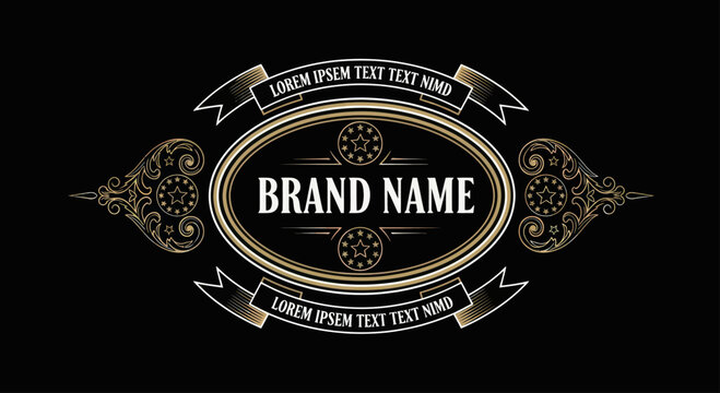 Elegant Vintage Brand Name Label Design with Ornate Gold Accents.