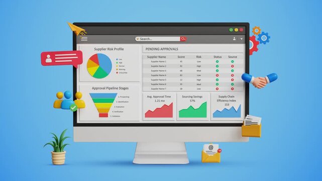 Digital Procurement Process. Vendor Workflow, SCM, Supply Chain Management, Online Purchasing, Business Automation, E-Procurement System. Supplier Dashboard on Computer. 4K 3D Video Animation