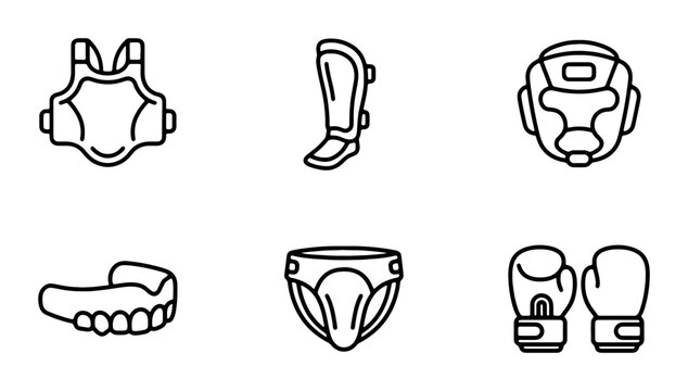 Martial Arts Gear Icons, Combat Sports Equipment Set, Protective Gear Vector Collection