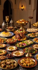 Fototapeta premium Lavish Middle Eastern Feast Arranged on Ornate Dining Table in Warm Interior