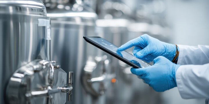 Worker inspecting production line tanker in factory using computer. Gloved hands with a digital tablet on steel tanks background. Brewery fermentation Monitoring. Advanced tools. Food industry banner.