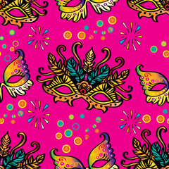 Naklejka premium Seamless pattern with carnival masks and confetti. Vector illustration.