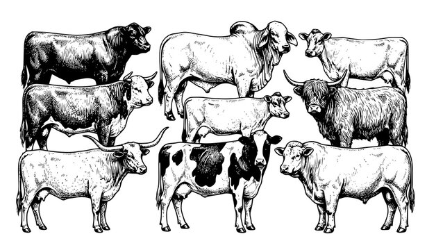 Farm Cattle and Bull Breeds Hand Drawn Vintage Engraving Vector Set