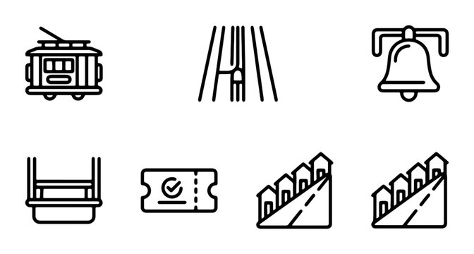Philadelphia Icons Set: Trolley, Liberty Bell, Row Houses, Cable Car, Ticket Vector Graphics