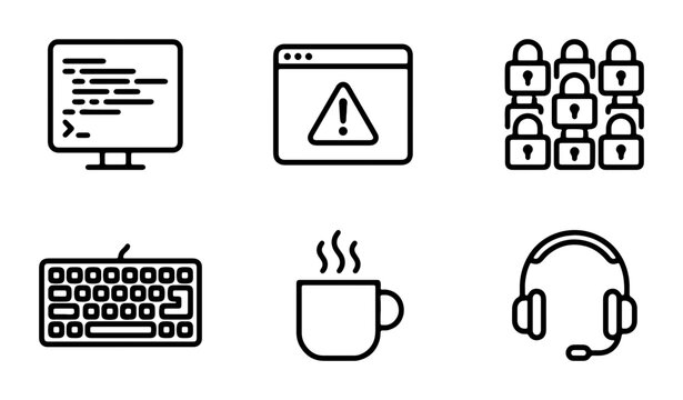 Cybersecurity Icons: Code, Warning, Locks, Keyboard, Coffee, Headset, Technology Set