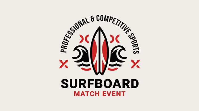 Surf Competition Emblema Design With Surfing Board And Professional Sport Elements