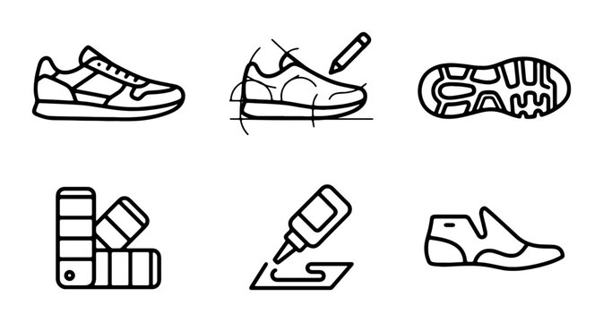 Sneaker Design Icons: Footwear Creation, Shoe Sole, Color Palette, Adhesive, Modern Shoe
