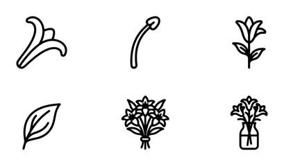 Obraz premium Elegant Floral Line Icons Set: Lily, Stem, Flower, Leaf, Bouquet, Vase - Vector Graphics