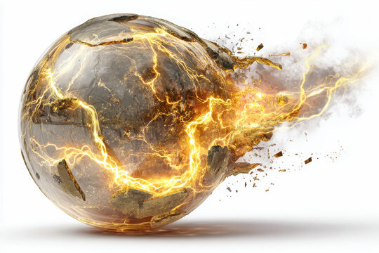 Energy sphere explosion glowing lightning orb burning fireball magic power ball abstract fantasy energy golden sparks destruction concept dramatic