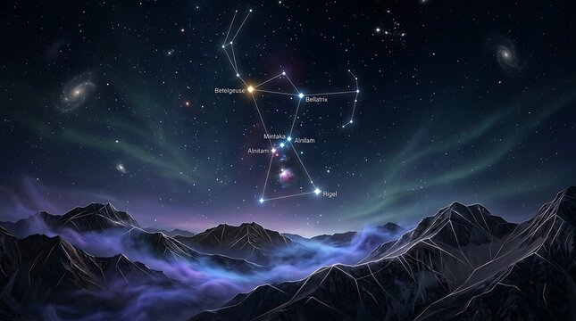 Orion Constellation Over Stylized Night Mountains with Star Labels