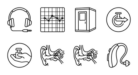 Hearing Health Icons: Audiology, Ear Anatomy, Hearing Aids, Sound Testing, Audio Booth © Kamrul