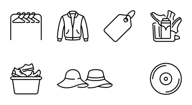 Fashion Retail Icons: Clothing Rack, Jacket, Tag, Shoes, Laundry Basket, Hats, CD