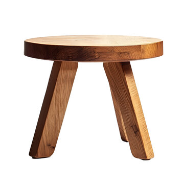 Stool crafted from solid light oak with a minimalist three-legged tripod structure stands isolated.