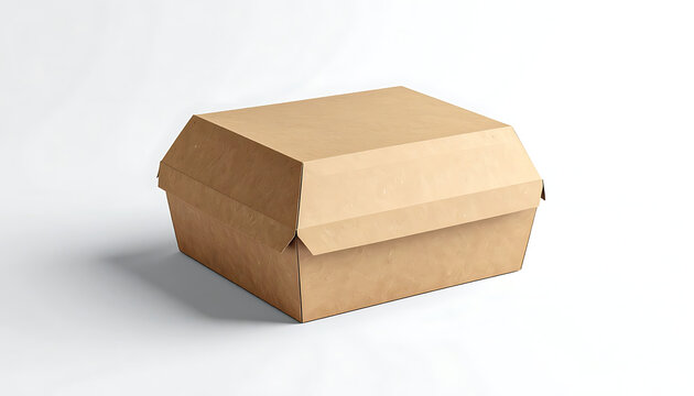 Closed brown paper fast food box for burgers or takeaway meals, eco-friendly packaging, isolated on white studio background with soft shadow, suitable for delivery services and branding mockups