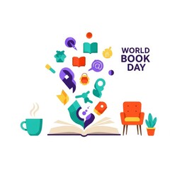 Fototapeta premium World Book Day illustration: open book with flying icons and text