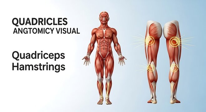 Detailed Human Leg Muscle Anatomy Diagram Showing Quadriceps and Hamstrings on Blue Background