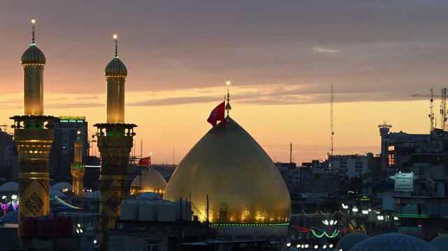Karbala, Iraq - December 28, 2025: Aerial footage of golden dome of Shrine imam Hussain in Karbala city , Iraq