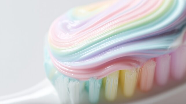 Close-up of a toothbrush with a glossy rainbow toothpaste swirl, clean