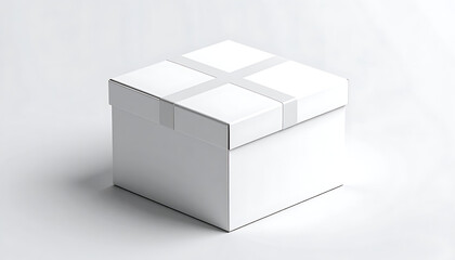 Naklejka premium Closed plain white cardboard box with clear tape sealing the lid, isolated on a subtle grey gradient background, suitable for shipping or storage concepts