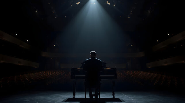 A lone musician plays a grand piano on a dark stage under a single spotlight, facing an empty auditorium.