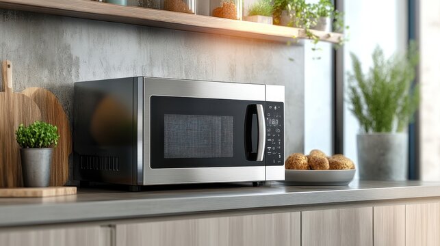 Modern stainless steel microwave on kitchen counter, plants, and potatoes; interior design