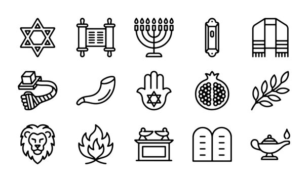 Jewish Symbols Icons Set, Religious Cultural Icons, Star of David, Torah, Menorah, Hamsa