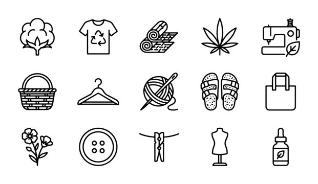 Sustainable Fashion Icons: Eco-Friendly Clothing, Natural Materials, Sewing, and Crafting Vector Set