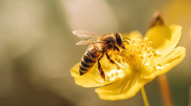 Macro of a bee collecting pollen from a blooming wildflower in golden sun