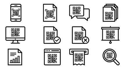 Fototapeta premium QR code icons, black line style, 12 symbols, vector graphics, web and mobile, scanning and payment, technology and communication