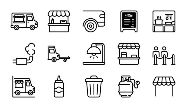 Food Truck & Stall Icons: Mobile Kitchen, Street Vendor, Outdoor Market, Restaurant Elements