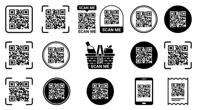 QR code icons, scan me labels, black and white vector graphics, 16 symbol set