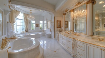 Obraz premium Luxurious white marble bathroom with gold accents, scenic view, opulent interior design