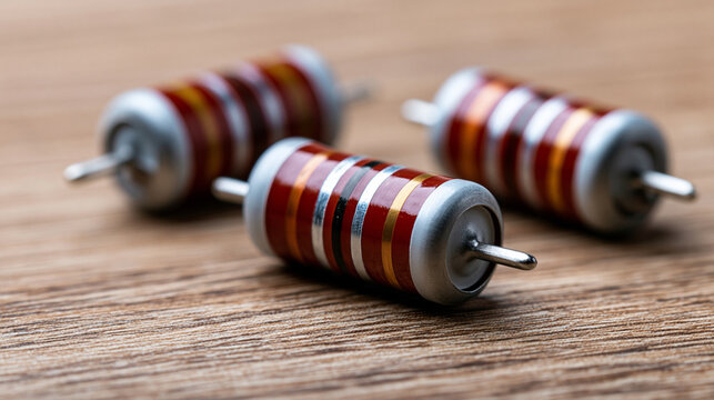 Electronic components for circuits, fixing current, multiple carbon film resistors depicting electrical resistance on a wooden background, close up view
