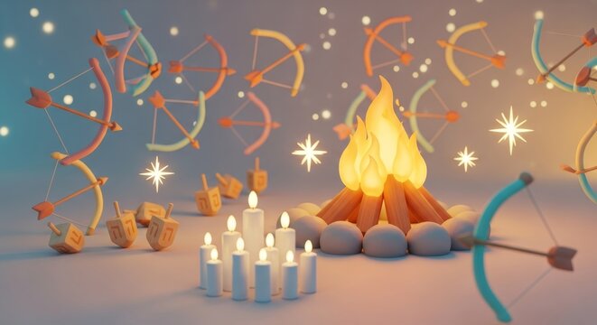 Lag BaOmer 3D illustration with campfire, bows, arrows, dreidels, and candles