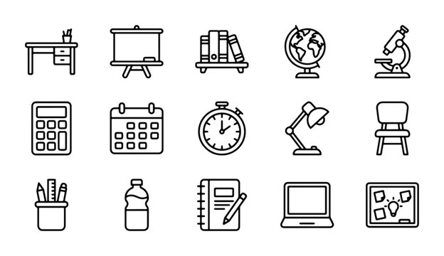 15 Education Icons, School Supplies, Learning Tools, Study Objects, Vector Graphics