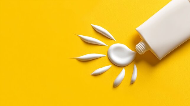 White sunscreen applied on a bright yellow background with free space for text