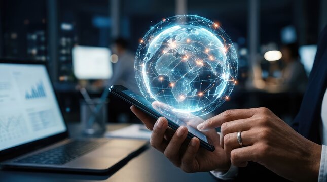 Businessman interacting with a futuristic global network on smartphone