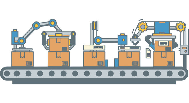 Automated assembly line with robotic arms processing packages for production