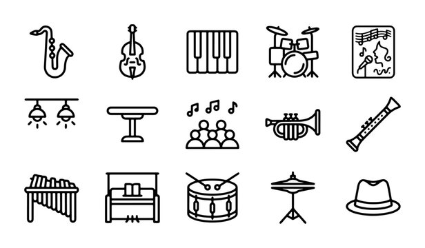 Jazz Band Icons Set: Saxophone, Drums, Piano, Trumpet, Bass, Music Notes, Stage Lights, Audience