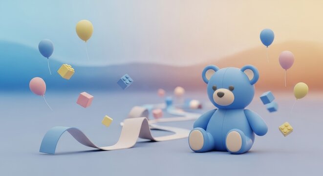 A blue teddy bear and floating toys symbolize hope for National Missing Childrens Day