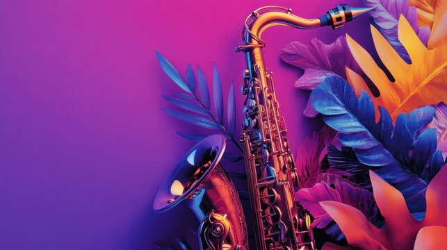 Neon Saxophone with Tropical Leaves on Purple Background