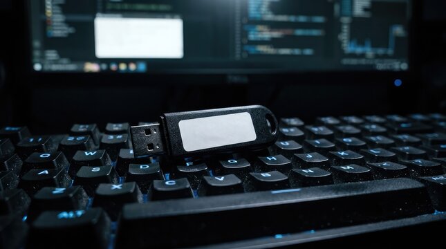 Black usb flash drive on a computer keyboard with blue backlight