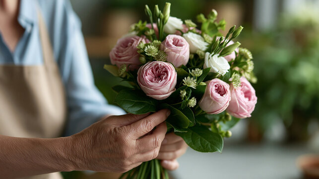 Florist hands arranging delicate pink garden roses and white eustoma into a charming elegant bouquet, creating a romantic floral centerpiece for special occasions