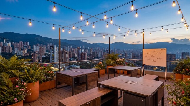 Modern rooftop coworking space with city skyline view at sunset