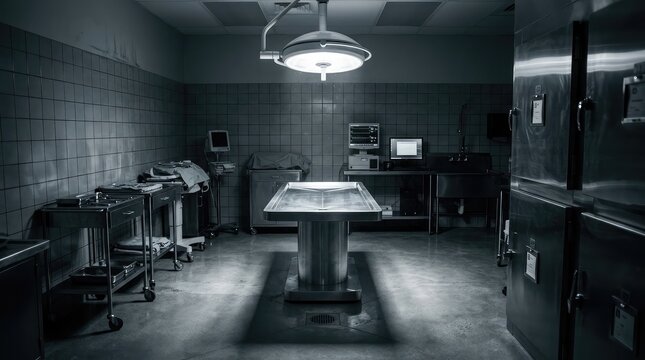 Forensic pathology room with examination table and medical equipment